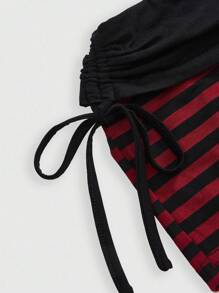 ROMWE Quần short nữ siêu ngắn sọc tương phản màu sắc phong cách lễ hội âm nhạc Punk Rock dễ thương Retro - Đỏ - Xem 3