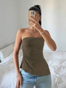 SHEIN EZwear 女士休闲纯色罗纹褶皱侧开叉抹胸咖啡棕色上衣露肩上衣巧克力棕色上衣 - 棕色 - 查看 4