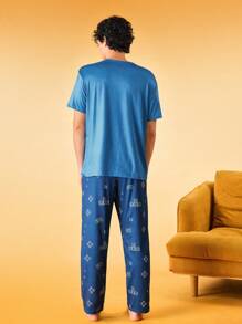 Notgurli 3pcs Men's Letter Print Short Sleeve Round Neck Top And All-Over Print Bottom Homewear Set - Royal Blue - View 2