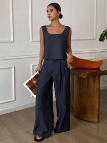 DAZY 2pcs Korean Style Vest & Wide Leg Pants Set, Elegant Lounge Sets For Women Short Sets For Women - Navy Blue - View 5