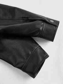 SHEIN MOD 大码女式黑色百搭PU皮夹克，复古前卫机车休闲宽松长袖皮夹克，宽松H型短款PU夹克，秋冬 - 黑色 - 查看 8