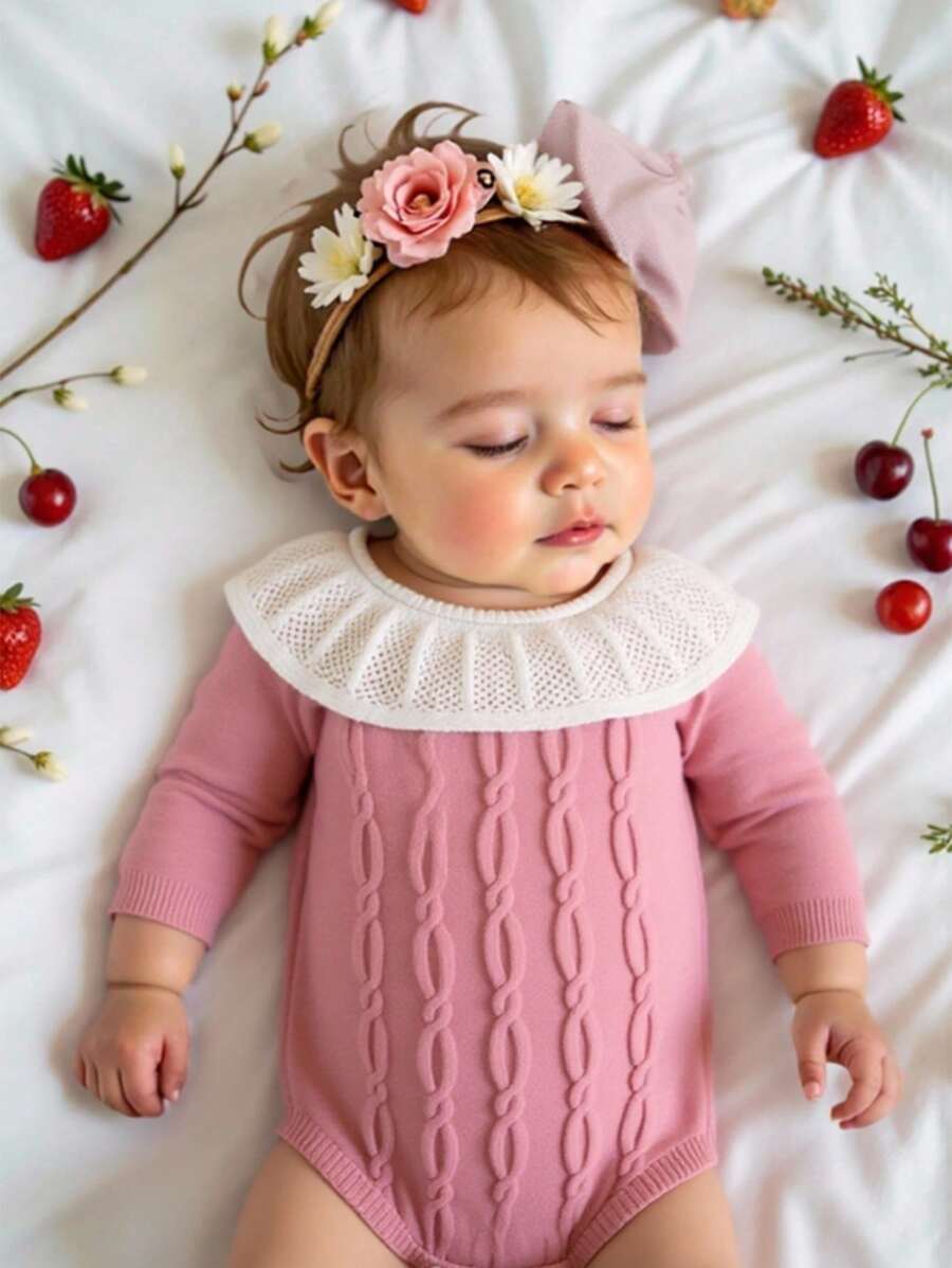 SHEIN 女婴撞色长袖舒适针织连体衣,秋季女婴服装,秋季,秋季服装,秋季连衣裙,秋季套装,秋季,秋季服装,返校季,校服,女婴返校套装,返校季 - 彩色 - 查看 1