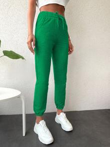 EURMUSE Women's Solid Color Drawstring Waist Pockets Jogger Pants - Green - View 4