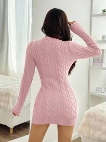 EURMUSE Solid Color Front Button Cable Knit Fitted Mini Dress - Baby Pink - View 2
