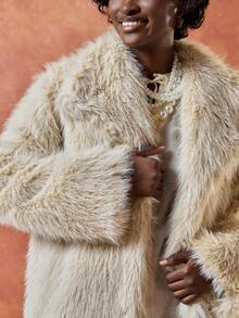 EURMUSE Women's Solid Color Lapel Long Sleeve Loose Faux Fur Jacket - Beige - View 5