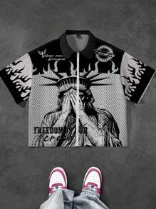 SHEIN 青少年男孩休闲图案印花短袖拉链衬衫，适合夏季 - 彩色 - 查看 1