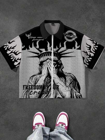 SHEIN 青少年男孩休闲图案印花短袖拉链衬衫，适合夏季