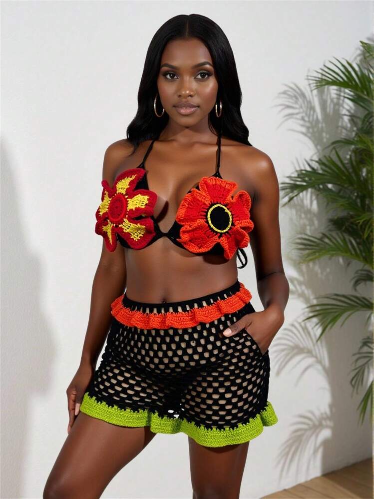 BamGleam Women's Black And Orange Knitted Two Pieces Set,Sleeveless Colorful Flower Tie Suspender Top & Mini Skirt,Summer,Casual,Beach,Vacation,Holiday Fashion - Black - View 4