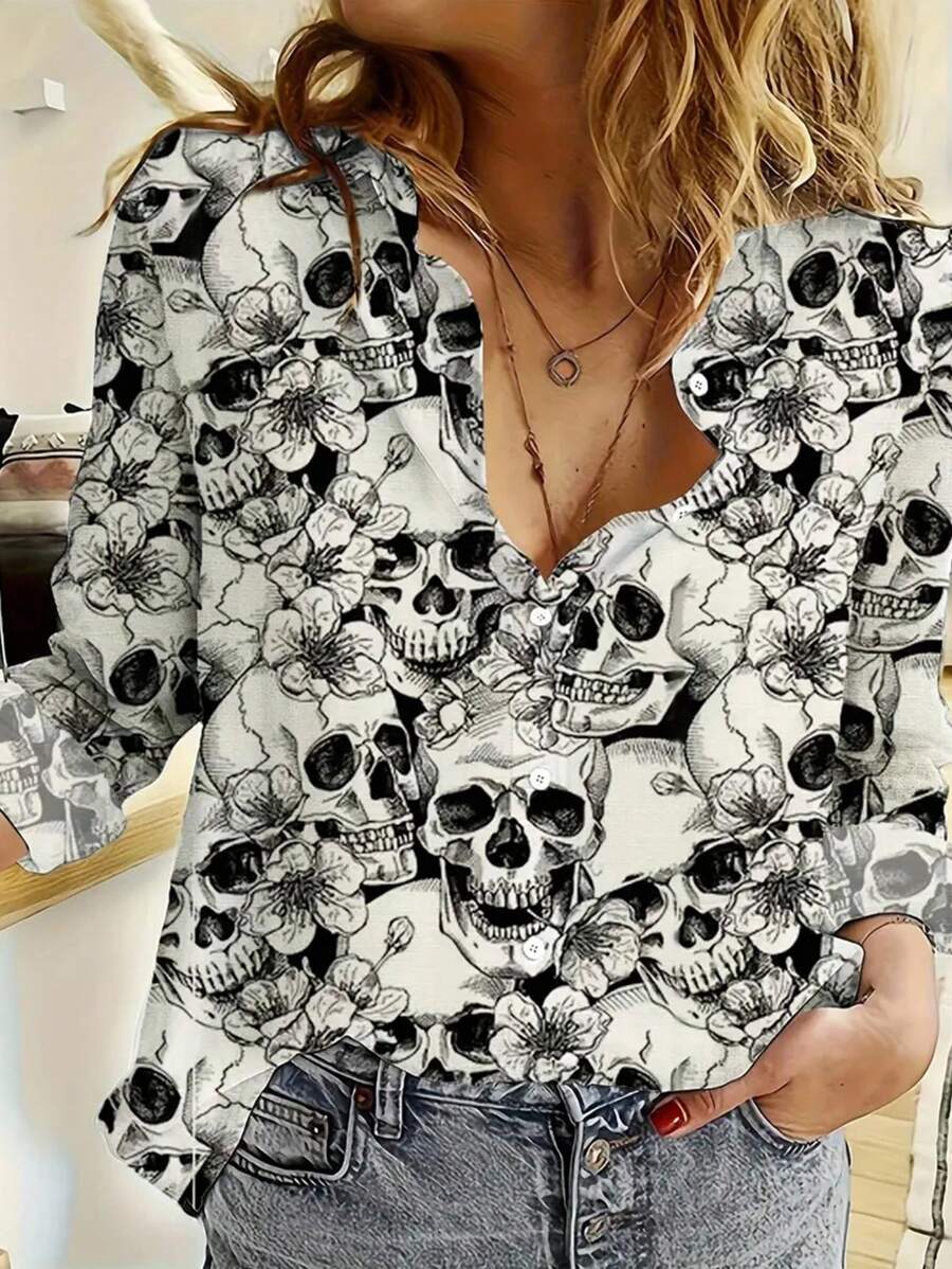 EMERY ROSE 骷髅印花纽扣前衬衫，复古长袖春秋女装，翻领设计，长袖，春夏秋装，万圣节衬衫，万圣节T恤 - 彩色 - 查看 1
