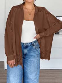 SHEIN Essnce Plus-Size Women Contrast Lace Button Up Blouse, Valentines Autumn Going Out Tops,Spring Rave Festival,Fall Clothes For Women - Brown - View 6