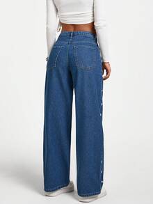 EURMUSE Low Waist Embroidery Detailed Straight Jean Daisy Jeans Flower Jeans Embellished Jeans Jeans With Embroidery Embroidered Jeans - Medium Wash - View 3