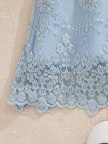 Souflis Souflis Baby Girls' Princess Style Beige Embroidered Mesh Puff Sleeve Dress, Suitable For Birthday Party, Evening Party, Daily Wear, Spring/Summer - Blue - View 8