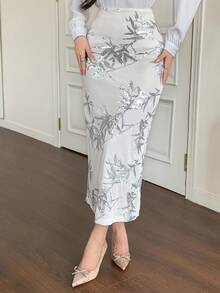 DAZY Women's Slim Fit Long Sequin Bamboo Leaf Pattern Skirt, Summer Fashion - White - View 1
