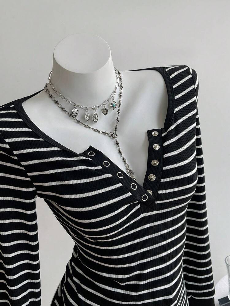 Elamini Áo thun cổ tròn tay dài ôm sát, vải sọc đen trắng, không cổ, khóa kéo nửa, cài nút, thiết kế tối giản, phong cách đường phố thường ngày, trang phục cổ điển, đa năng cho phụ nữ vào mùa xuân/thu - Đen và trắng - Xem 7
