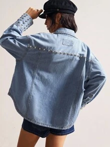 Bohemela BOHO Western Cowgirl Country Vacation Casual Solid Color Rivet Woven Denim Jacket - Baby Blue - View 7