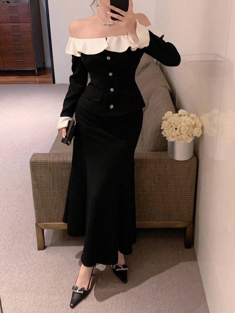 2pcs Women's Contrast Color Splicing Off-Shoulder Top And Fish Tail Skirt Set, Elegant Urban Casual Lady Outfit