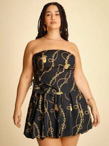 CAJUNI Ensemble Top bandeau froncé imprimé citron et chaîne dorée et mini-jupe à bulles assorti, pour femmes grande taille, décontracté pour les vacances - Multicolore - Voir 3