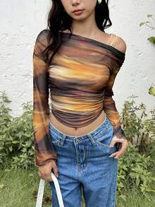 SHEIN Vintage Ombre Leopard Print Off Shoulder Flare Sleeve Elegant T-Shirt For Teen Girls