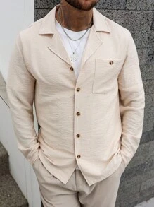 Manfinity Homme Camisa de lino de unicolor casual para hombre con hebilla frontal, de manga larga y cuello, para salir, camisa abotonada beige, camisa cubana de lino para hombres, camisa de verano para hombres - Albaricoque - Ver 6