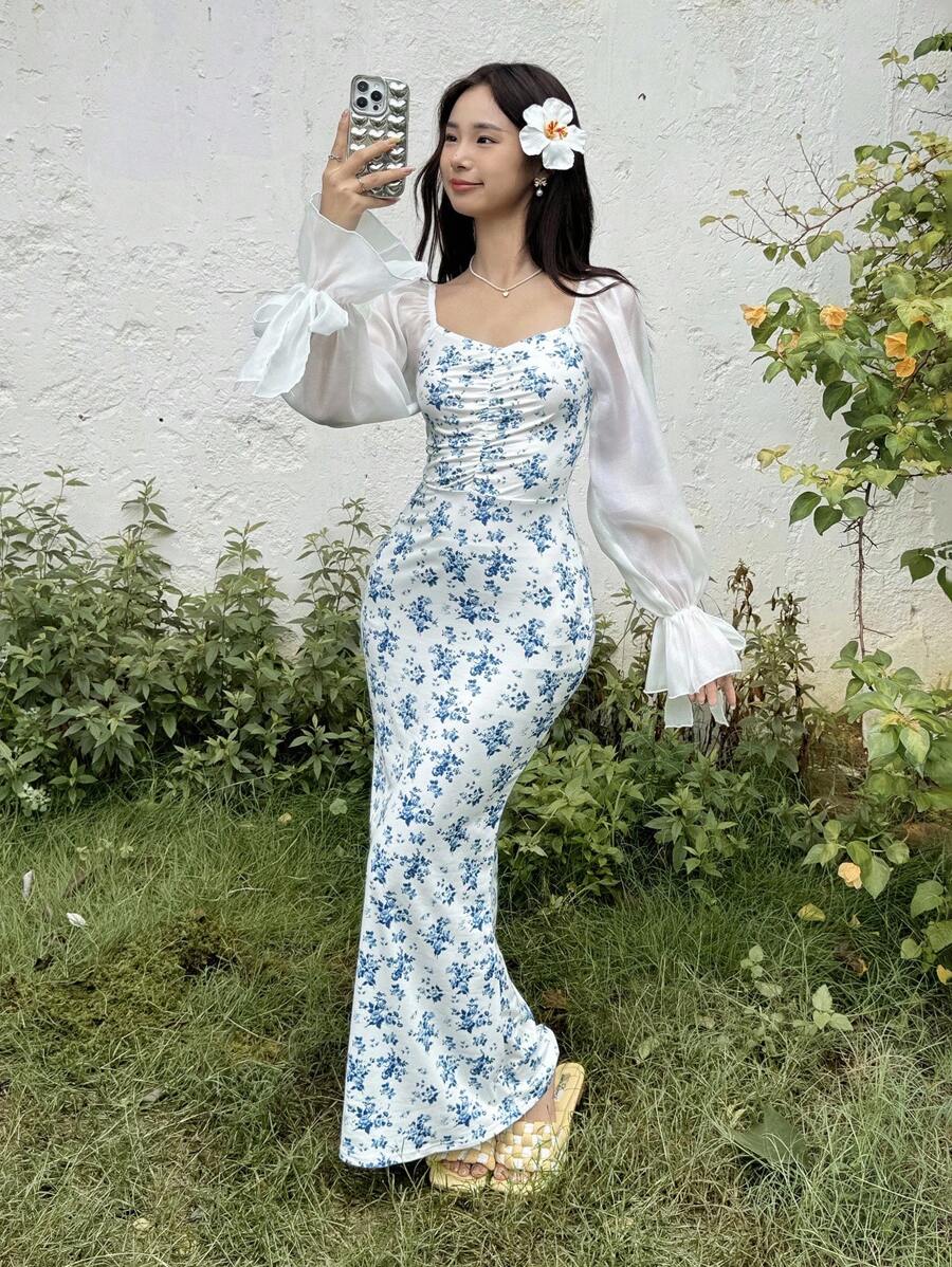 SHEIN Teen Girl Ditsy Floral Ruffle Hem Mermaid Dress Fall Winter - Blue and White - View 1