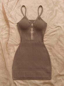 Soleia 金属海星装饰意大利面表带领带镂空合身女式针织连衣裙，适合度假、音乐节、波西米亚、假日、约会、下午茶、海滩 - 棕色 - 查看 4