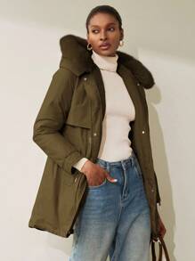 Aveloria Modichic 女士休闲纯色抽绳腰仿毛领连帽加厚棉服外套，冬装 - 咖啡棕 - 查看 7