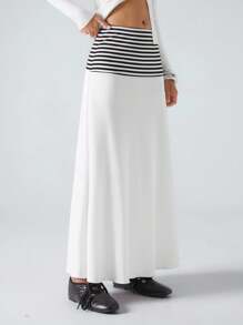 LYSMO 2025新款秋季简约女士纯色条纹拼接极简休闲裙，适合外出、返校、毕业、商务休闲、女教师、机场和旅行，适合白色派对 - 彩色 - 查看 5