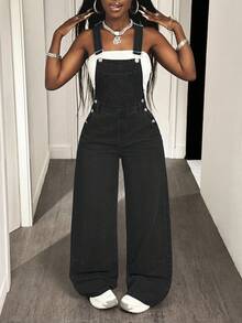 Slaydiva 女式宽松牛仔背带裤 - 黑色 - 查看 8