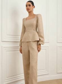 Aveloria Rosie Elegant Wool Blend Puff Sleeve Crop Top And Classic Pants 2 Pieces Set For Women Fall Cloth For Women , Square Neck Top