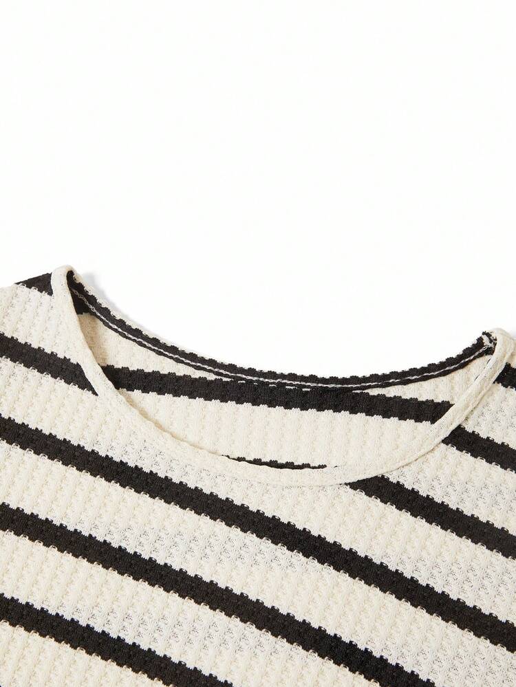 Ellevyn Women's Color Block Striped Round Neck Ruched Split Hem Long Sleeve Dress - Black and White - View 5