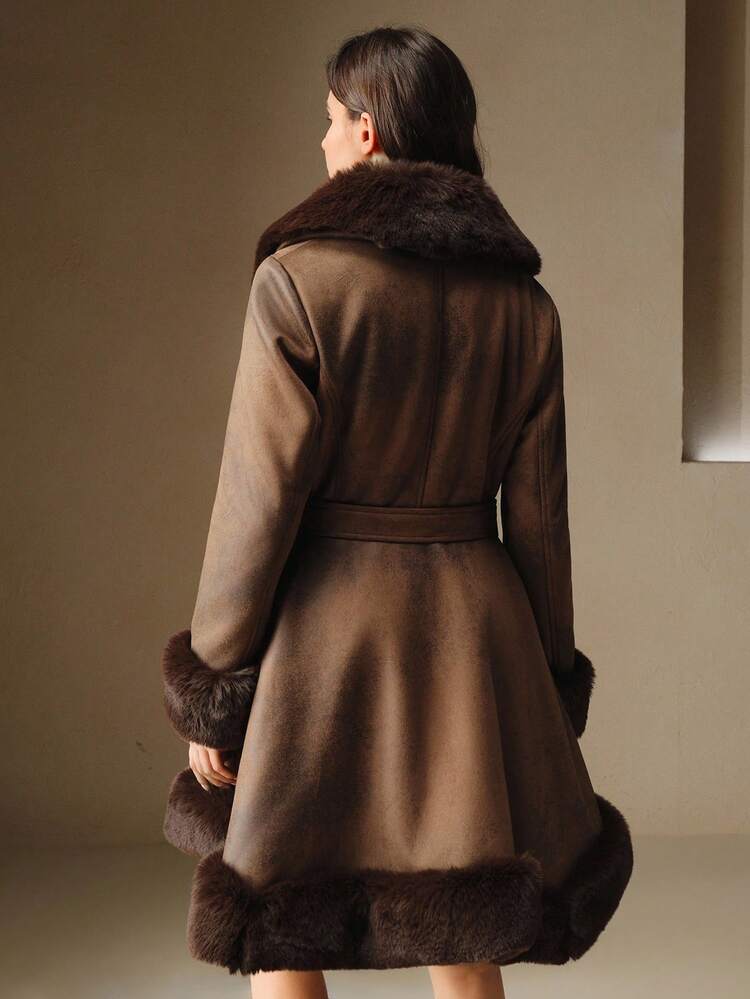 Chaqueta de piel sintética con cuello de piel esponjosa y cinturón, para otoño/invierno