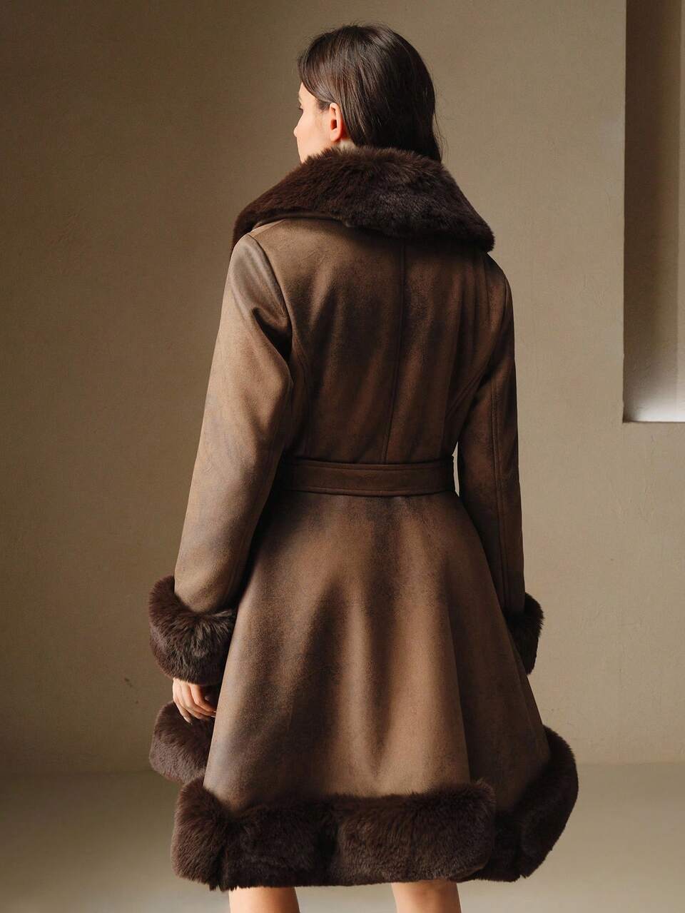 Women's Fluffy Fur Collar Belted Faux Fur Jacket, Autumn/Winter