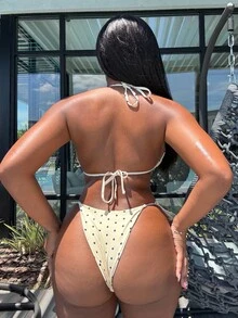 Alexandranx Bộ bikini buộc dây phía trước họa tiết chấm bi Springbreak dành cho nữ, họa tiết ngẫu nhiên - Màu vàng - Xem 2