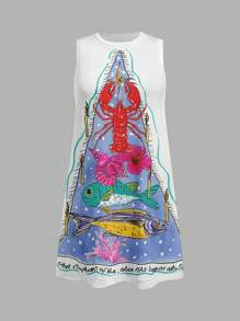 SHEIN EZwear 女式无袖蟹虾印花迷你连衣裙，活力四射 - 彩色 - 查看 3