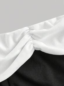 SHEIN MOD Plus Size Retro Elegant Black And White Contrast Color Knitted Mini Dress, Front Button Apricot Bow Patchwork, Stretchy Off-Shoulder Summer Party - Black and White - View 7