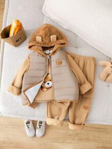 3件套男童卡其色加厚保暖休闲舒适百搭可爱小熊印花圆领套头卫衣+休闲加厚长裤+无袖连帽背心外套套装，秋冬季 - 卡其色 - 查看 7