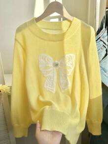 Comfortcana 大码女式休闲可爱蝴蝶结刺绣仿珍珠水晶装饰套头衫，秋季 - 黃色 - 查看 1