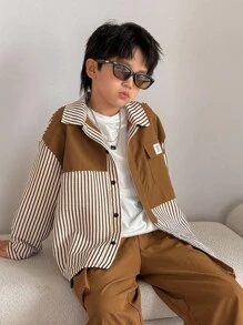 SHEIN 1 件儿童/青少年男童休闲条纹领长袖宽松开襟衬衫和纯色直筒裤 2 件套，适合学校、花园、海滩、生日、春夏秋冬