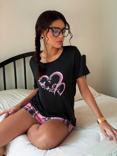 SHEIN Butterfly & Heart Print Top And Pink Plaid Print Shorts Women Pajama Set Two Pieces Sleepwear Set Pj Sets For Women Short Sleeve Sleep Shorts Set Lounge Sets For Women Short Sets Sleep Set Women Sleep Set