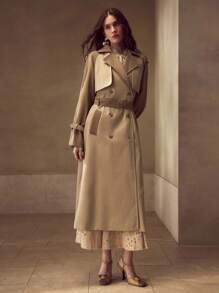 MOTF PREMIUM Áo khoác trench coat hai hàng khuy có thắt lưng - Màu Khaki - Xem 5