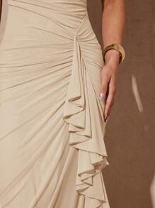 Silquee 优雅的鼠尾草绿色浪漫荷叶边袖高开衩长裙，女士蕾丝紧身派对礼服，适合情人节、约会、婚礼、舞会 - 杏色 - 查看 6