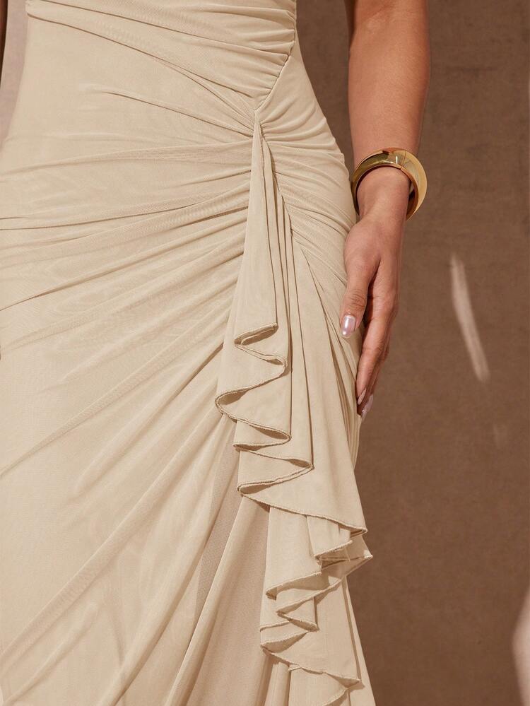 Silquee Váy Maxi xẻ tà cao tay bèo nhún màu xanh lá cây lãng mạn thanh lịch, đầm dự tiệc ôm sát ren dành cho nữ, thích hợp cho ngày lễ tình nhân, hẹn hò, đám cưới, dạ hội - Màu be - Xem 6