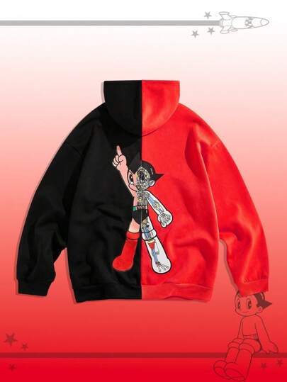 Astro Boy X ROMWE Sudadera con capucha con cremallera y figura de dibujo animado de bloques de color para hombre