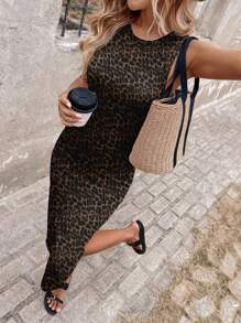 SHEIN LUNE 休闲简约豹纹图案女士中长连衣裙，适合夏季 - 彩色 - 查看 6