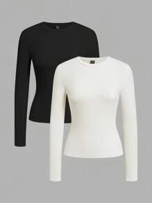 SHEIN EZwear 2 件女士休闲圆领修身长袖 T 恤套装，罗纹面料，百搭，适合秋冬季