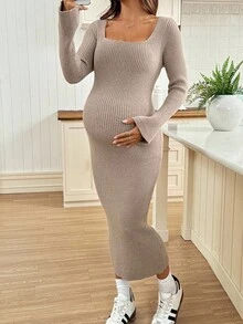 SHEIN Fall Clothes,Autumn Clothes,Maternity Autumn Clothes Maternity Fall Clothes,Autumn Clothes,Maternity Autumn Clothes Maternity Maternity Knit Sweater Dress, Warm For Fall/Winter Long Sleeve Maternity Dress Beige Maternity Dress Ribbed Maternity Dress Knitted Maternity Dress Fitted Maternity Dress - Camel - View 5