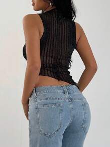 SHEIN SXY 女士迷人休闲闪亮性感条纹网眼透明不对称下摆 V 领背心，适合派对/晚会/俱乐部穿着 - 黑色 - 查看 2