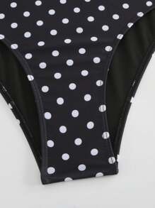 Swim Oasis 大码女式黑白圆点印花 V 领衬垫文胸可调节肩带蝴蝶结露背镂空吊带比基尼上衣搭配印花开衩简约 A 字裙，优雅性感休闲海滩度假连体泳衣套装 - 黑與白 - 查看 4