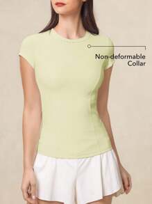 OutZeal 女士运动上衣 黄色纯色夏季春季健身瑜伽休闲吸汗收腹速干柔软圆领紧身T恤 - 黃色 - 查看 3