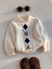 SHEIN Unisex Baby Geometric Pattern Long Sleeve Knit Sweater, Casual & Cute, Suitable For Baby Boys And Girls, Autumn/Winter Fall